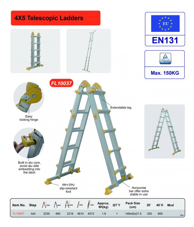 Lightweight Aluminum Telescopic Ladder 4x5 EN131 Aluminum Extension Ladder